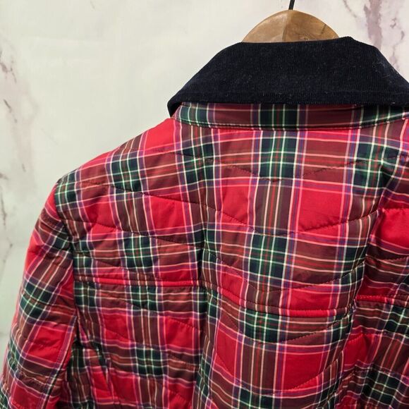 Talbots Jacket Womens Large Red Navy Plaid Corduroy Puffer Shacket Button Snap - Picture 6 of 12